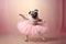 Pug dog ballerina dancer in a tutu on pastel background. Dog dancing in ballerina outfit doing a pirouette. Classic dance,