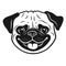 Pug dog black and white hand drawn cartoon portrait. Funny happy