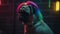 Pug dog looking seriously cool sporting a colorful rainbow cyber goth hairstyle wig - Ai generated