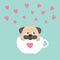 Pug dog mops paw sitting in white cup with heart. Cute cartoon character. Flat design. Blue background.