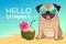 Pug dog wearing reflective sunglasses on a sandy beach, ocean in