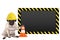 Pug dog with yellow construction worker safety helmet and blank warning sign