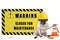 Pug dog with yellow constructor safety helmet and warning sign with text closed for maintenance