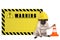 Pug dog with yellow constructor worker safety helmet and blank warning sign