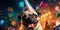 pug donning a celebratory party hat and enthusiastically blowing a tiny horn. Generative AI
