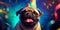 pug donning a celebratory party hat and enthusiastically blowing a tiny horn. Generative AI