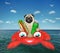 Pug drinks beer on inflatable crab