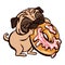 Pug eat donut icon, cartoon style