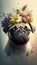 a pug with a flower crown on its head is shown in a digital painting style, with the words, the pug\\\'s ridd paths