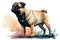 Pug is known as a sociable companion dog. Watercolor realistic illustration on a white background.