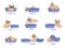 Pug set. Learning preposition concept. Animal above and behind