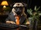 Pug in suit working at desk with laptop
