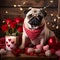 the pug is wearing a red bow tie with hearts around it