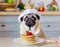 A pug in a white cap sits in front of a plate of pancakes in a cozy kitchen