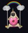 Pugicorn eats pink donut on swing