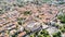 Pula aerial drone shot of The Arena is the only remaining Roman amphitheatre to have four side towers and with all three Roman