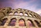 Pula amfitheater with pink evening dramatic sky