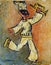 Pulcinella running happy with a trumpet in his hand