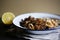 Pulled beef meat with wild rice and chickpeas, cuban cuisine