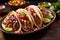 pulled pork tacos with fresh toppings on a plate