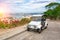 Pulmonia taxi with panoramic view of the Mazatlan Old City in the background, Mexico