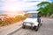 Pulmonia taxi with panoramic view of the Mazatlan Old City in the background, Mexico