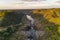 Pulo do Lobo waterfall drone aerial view with river guadiana and beautiful green valley landscape at sunset in Mertola Alentejo,