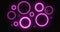 Pulsating pink neon rings in various sizes glowing on black background and tilting