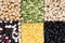 Pulses food background, assortment - legume, kidney beans, peas, lentils in square cells closeup top view.