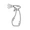 Pulverizer vial. Linear icon of hand-shaped figured bottle with atomizer and flying drops. Black illustration of sprayer, glass