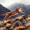 Puma sprints across rocky mountainous terrain