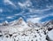 Pumori mount and Kala Patthar peak in Sagarmatha National Park, Everest region, Nepal Himalayas. Everest base camp trek.