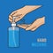 Pump alcohol gel Hand sanitizer Alcohol-based hand rub. Rubbing alcohol. Wall mounted soap dispenser.