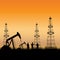 A pump jack in a sunset landscape. Oil production, travel drive for reciprocating piston pump in oil well, detailed illustration