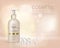 Pump top bottle with organic cosmetic lotion and gold cap decorated with scattering of pearls and glare background realistic