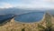 Pumped water storage hydroelectric plant reservoir aerial drone view