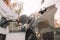 Pumping gas fuel car at oil station. Woman hand refuel petrol nozzle tank. Refueling transportation and Automotive industry