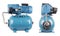 Pumping station, water supply, household automatic station, relay hose. Isolate white background. Iron pump casing