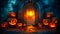 Pumpkin adorned haunted entry. A dark invitation.Generative AI