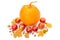 Pumpkin, apples, hazelnut, yellow maple leaves isolated on white background