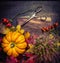 Pumpkin with autumn leaves and flowers, vintage scissors on rustic wooden background