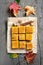 Pumpkin bars on wooden table