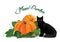 Pumpkin and black cat. Black green-eyed cat and a beautiful ripe pumpkin. Halloween design