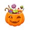 Pumpkin bucket with Halloween sweets and candies.