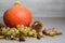Pumpkin, chestnuts, husks, bunch of grapes, acorn and vine leave