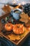 Pumpkin. Cozy autumn composition with tea