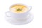 Pumpkin cream soup in bowl on white background