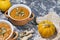 Pumpkin cream soup with seeds, sesame and rucola. Autmn flat lay