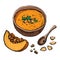 Pumpkin cream soup vector drawing set. Isolated hand drawn bowl of soup, sliced piece of pumpkin and seeds. Vegetable