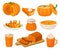 Pumpkin dishes set, pie, jam jar, fruitcake, porridge, spice whipped latte, smoothie vector Illustration on a white